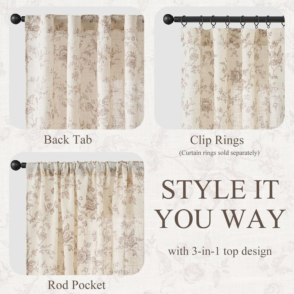 Vangao Taupe Floral Linen Curtains for Living Room 84L 2 Panels for Bedroom