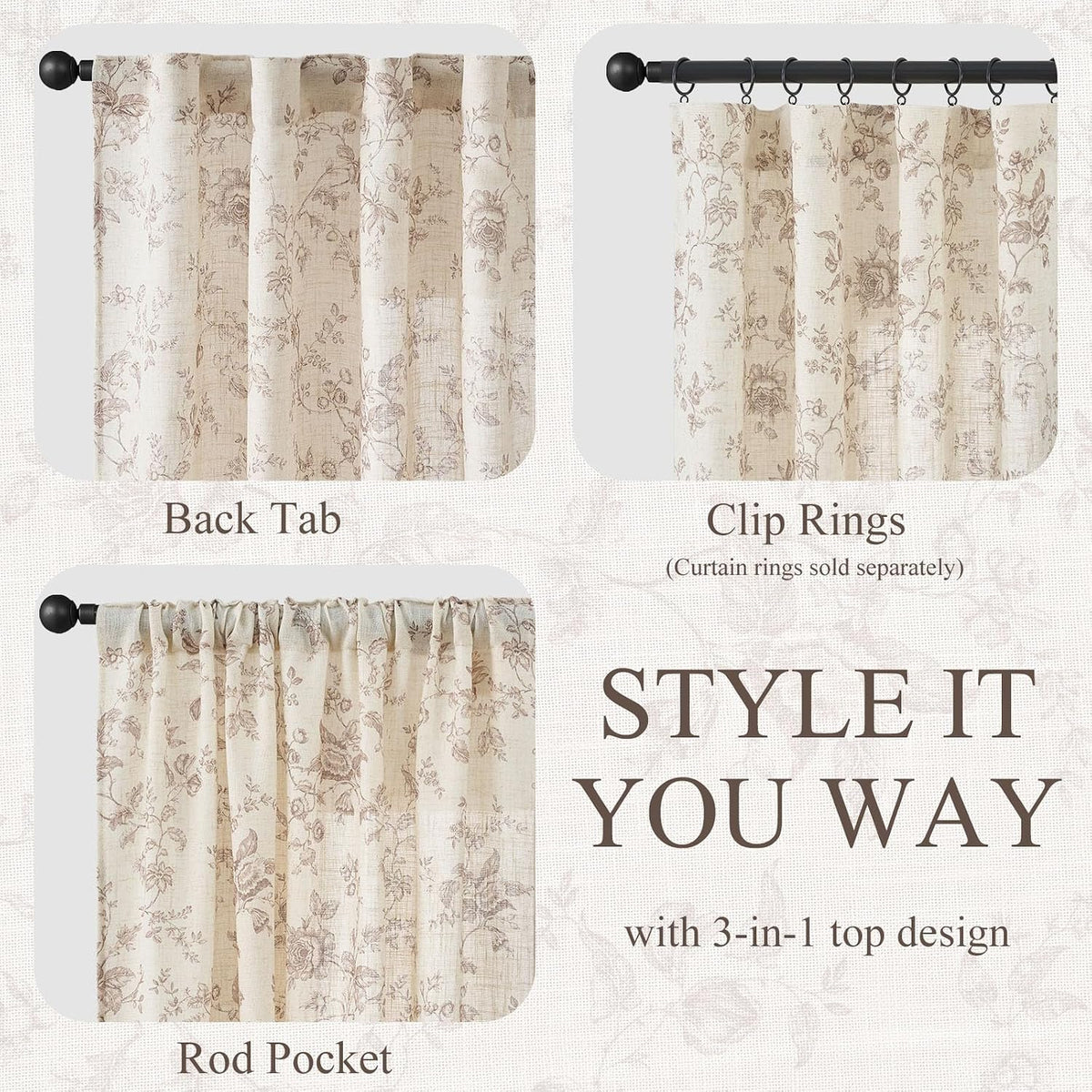 Vangao Taupe Floral Linen Curtains for Living Room 84L 2 Panels for Bedroom