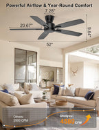 Ohniyou 52'' Low Profile Ceiling Fan No Light, for Indoor/Covered Outdoor