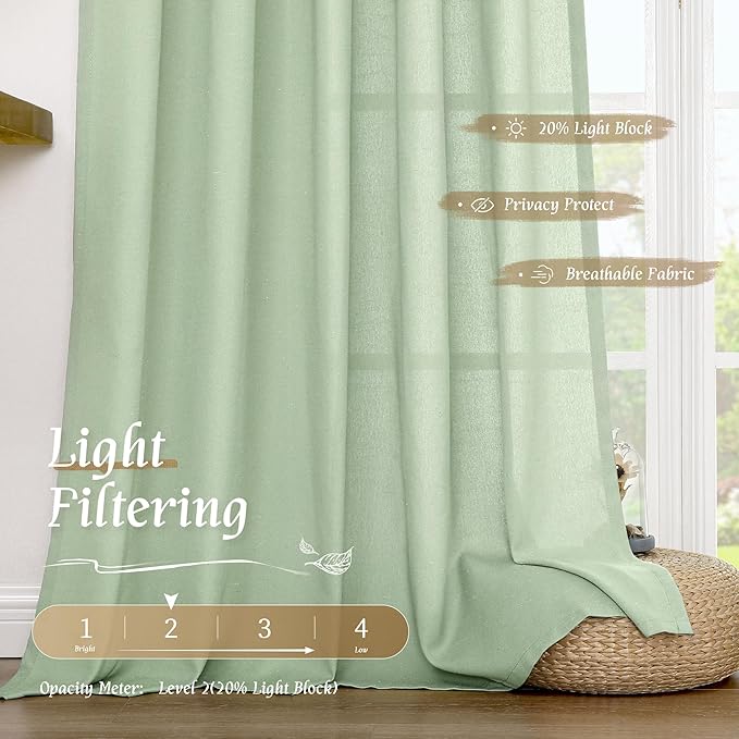 LAMIT 48 Inch Length Linen Curtains 2 Panels, Light Green Soft Faux Linen Light - Image 4