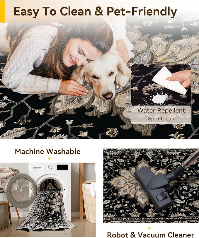 Area Rugs 4'x6' Washable Non-Slip, Floral Vintage Distress Print Pattern - Image 6