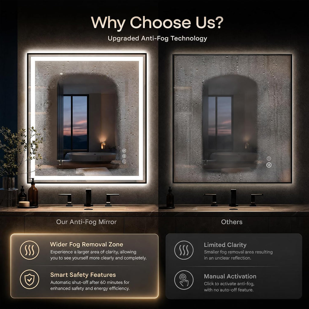 Antok 24X36 LED Bathroom Mirror with Lights, Vanity Mirror for Wall with Black Frame, Touch Control, Anti-Fog, Dimmable Lights, Shatter-Proof, Memory Function, Wall-Mounted Vanity Mirrors