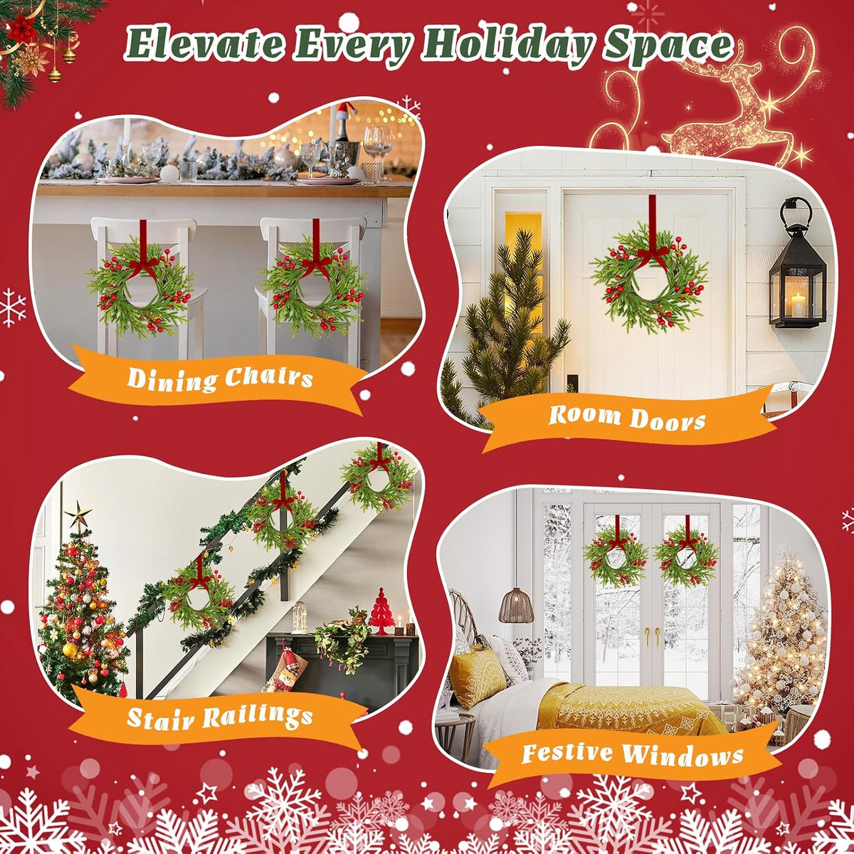 6 Pack Mini Christmas Wreaths for Kitchen Cabinets,with Ribbon Bows Berry