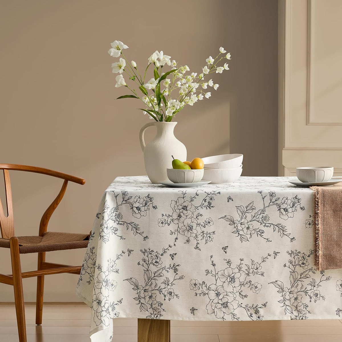 Floral Square Tablecloth 55x55 Inch Linen Table Cloth with Black Flowers