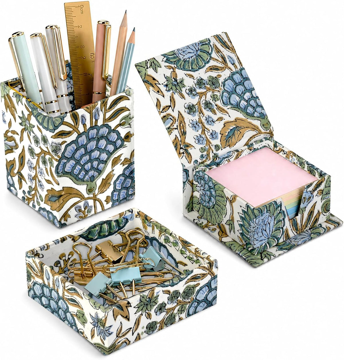 Ridhi Asparagus Green Block Print Desk Organizer Pen & Notepad Holder Set-3