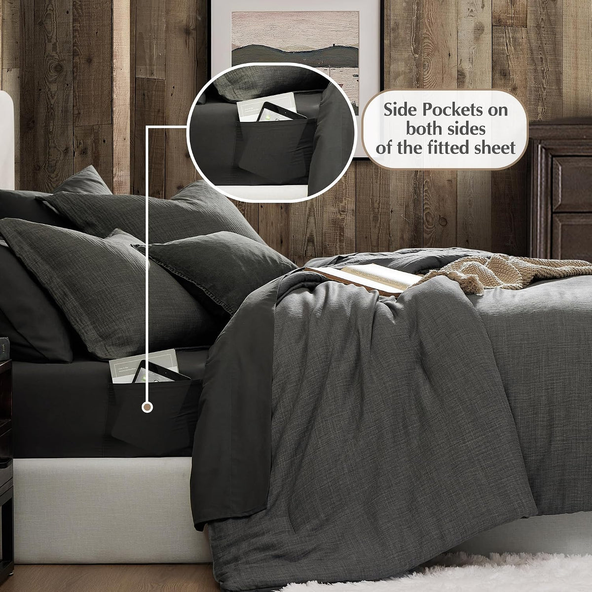 King Size Comforter Set- 7 Piece Gray King Bedding Set Solid Bed in a Bag