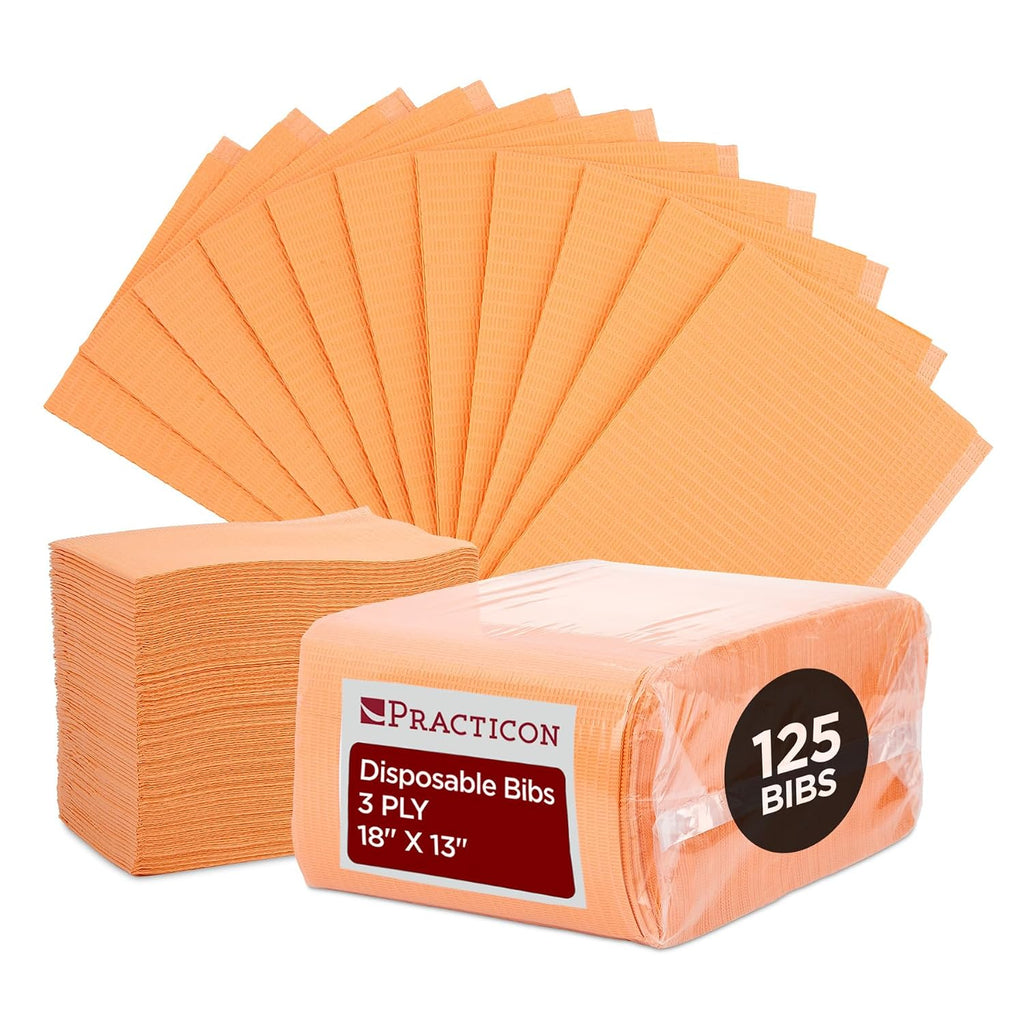 Practicon 125 Pack Orange Disposable Dental Bibs, 3 Ply Waterproof