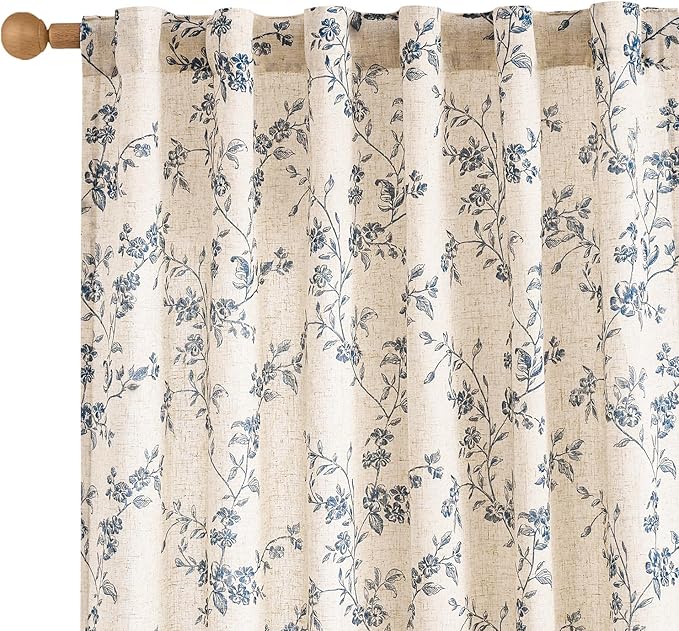 Lazzzy Farmhouse Linen Curtains Extra Long Blue Floral Curtains 108 Inch Long by Lazzzy