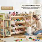 Amdermi Kids Toy Storage Organizer with Bookcase and Stuffed Animal Zoo, 4-in-1 Wooden Multi Bin Toy Shelf for Toddlers, Playroom, Bedroom, Nursery