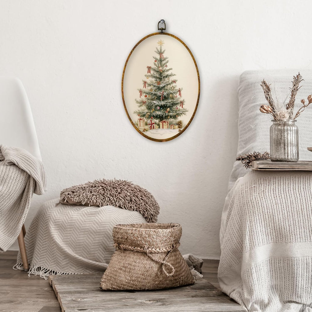XPH Vintage Christmas Tree Oval Wall Art Framed, Rustic Winter Xmas Tree Oval Wall Decor, Farmhouse Christmas Cozy Winter Hanging Canvas Prints for Home Bedroom Living Room Decoration, 8.6x11.4 Inch