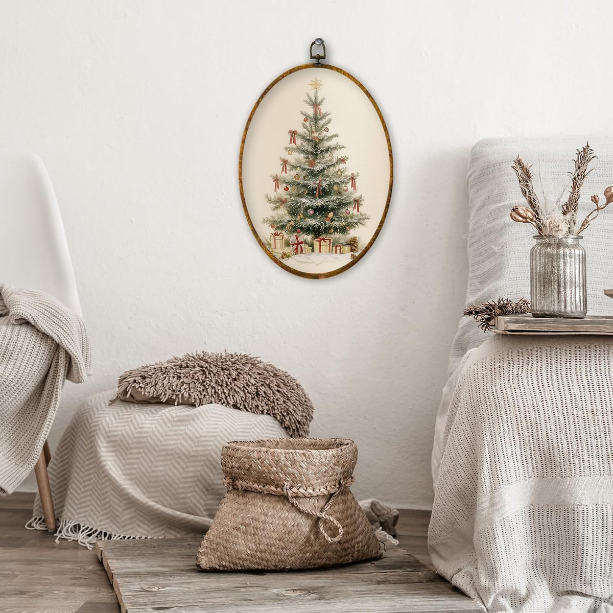 XPH Vintage Christmas Tree Oval Wall Art Framed, Rustic Winter Xmas Tree Oval Wall Decor, Farmhouse Christmas Cozy Winter Hanging Canvas Prints for Home Bedroom Living Room Decoration, 8.6x11.4 Inch
