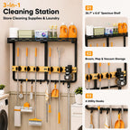 Mop and Broom Holder Wall Mount with Railing Shelf,3-in-1 Cleaning Storage Organizer,Storage Rack with Vacuum holder 5 Grips 6 Hooks for Laundry Utility Garages Closet,