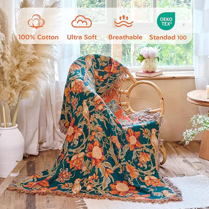 MSGKV Boho Throw Blanket for Couch Chair 100% Cotton Floral Bird Blanket - Image 2