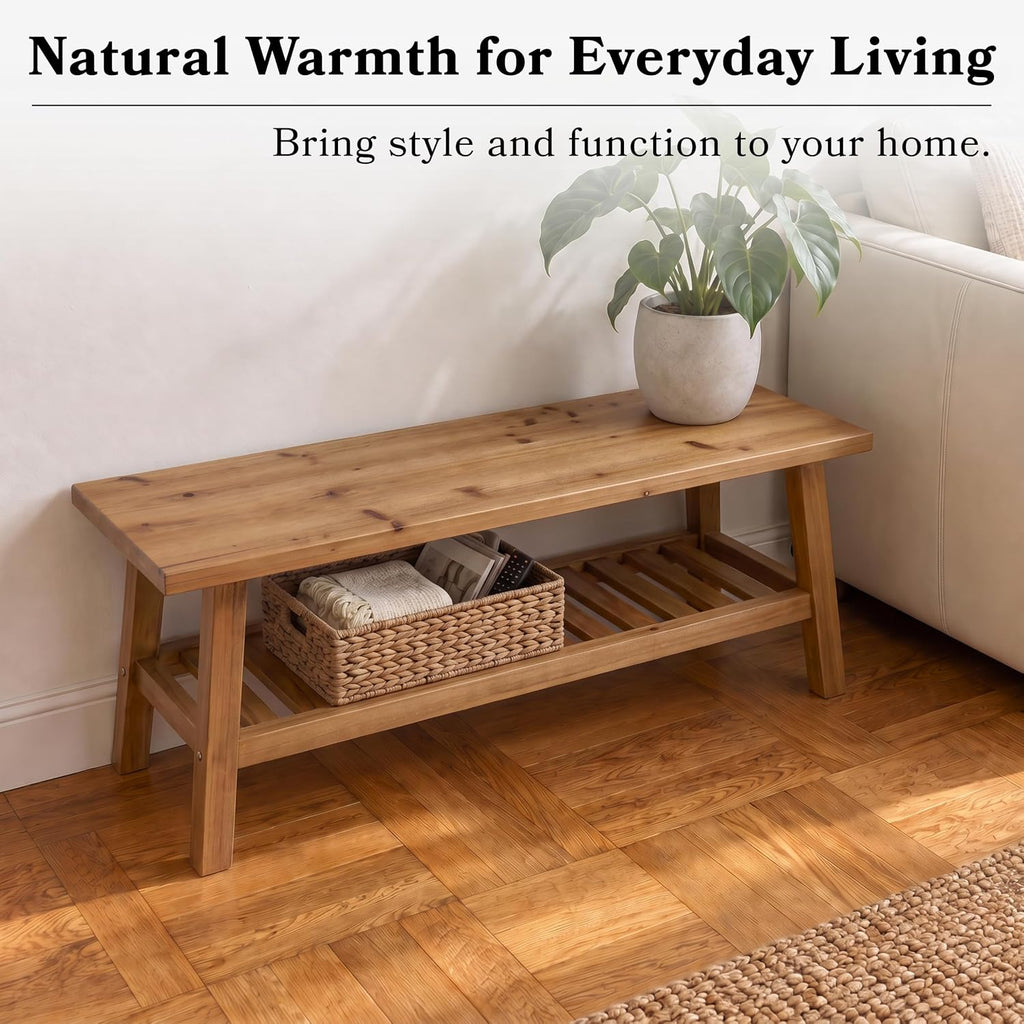PERFNIQUE 43" Solid Wood Entryway Bench, Farmhouse Bench with Storage