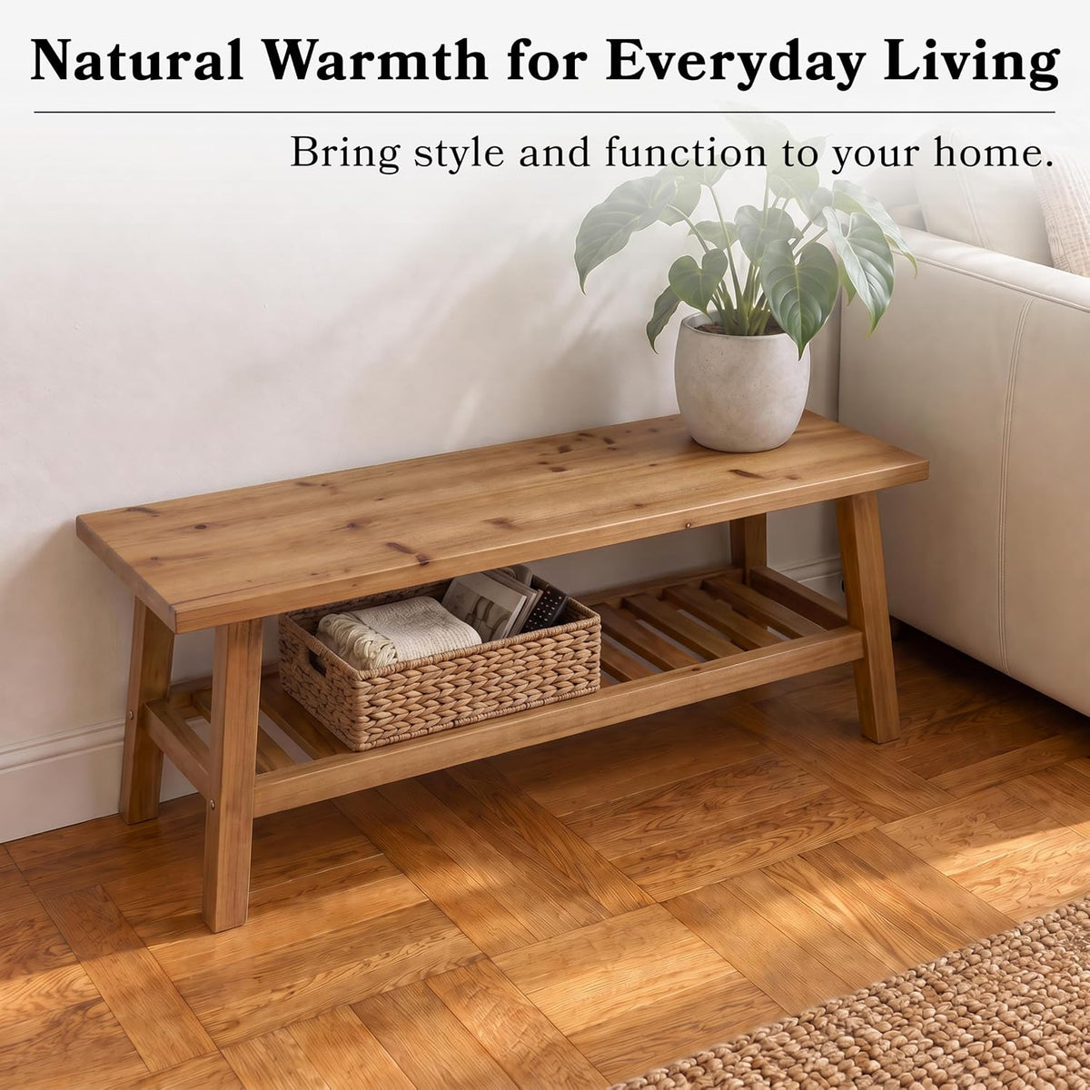 PERFNIQUE 43" Solid Wood Entryway Bench, Farmhouse Bench with Storage