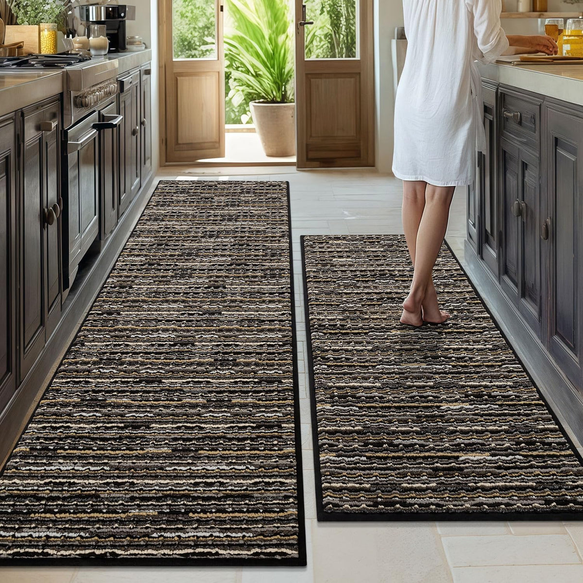 BSICPRO Kitchen Rugs Sets of 2, Non Slip Kitchen Mats for Floor, Black