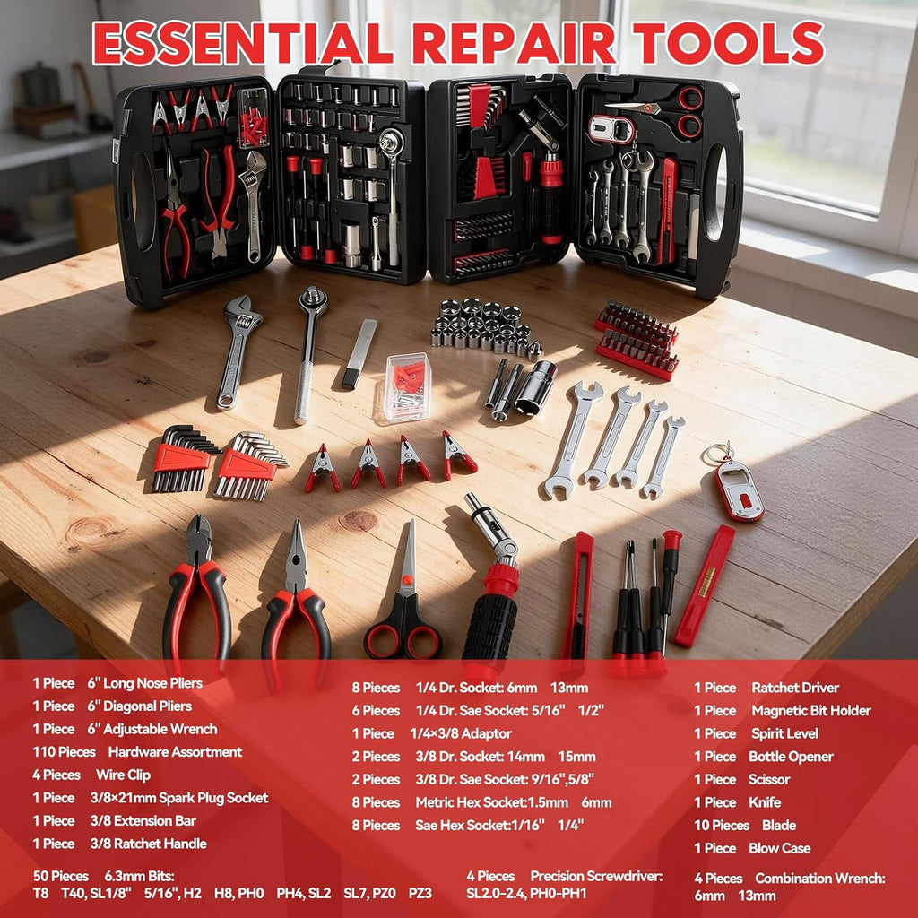 229 Piece Tool Set for Home, Household Basic Repair Tool Kit with Storage ToolBox, Hand Tool Set for Home, Socket Wrench Set for Car, Garage