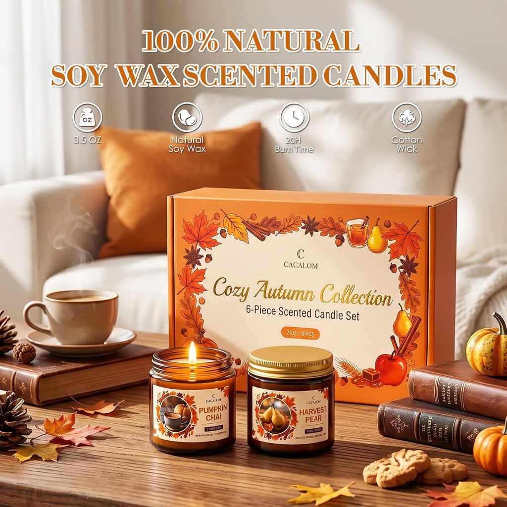 Fall Candles Set, Scented Candles for Home, Gift Ready, 6 x 3.5oz