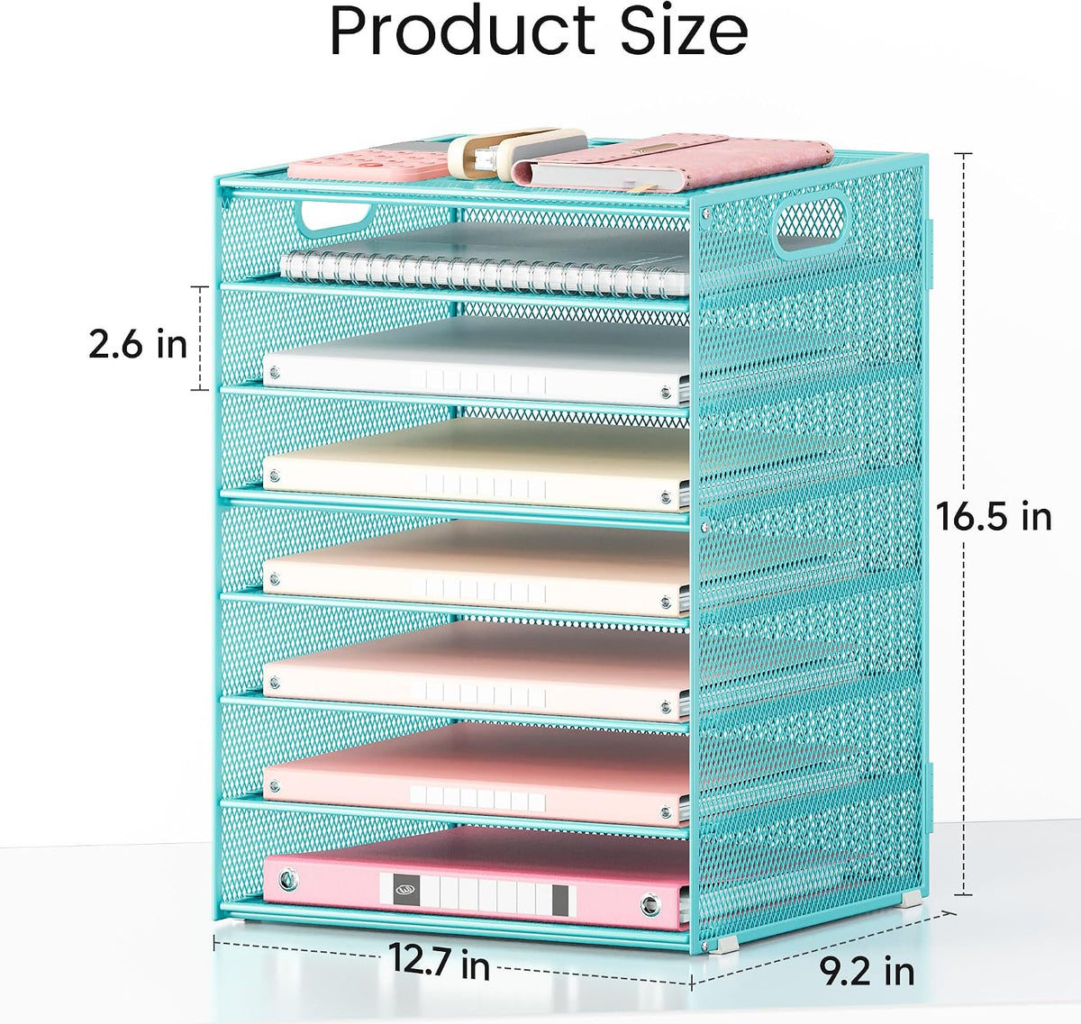 2 Pack 8-Tier Office Desk File Organizer, Letter Tray Paper Organizer with Handle, Including 5 Adjustable Slide Trays for Organizing Desk Workspace Accessories and Supplies (Blue Metal Mesh)