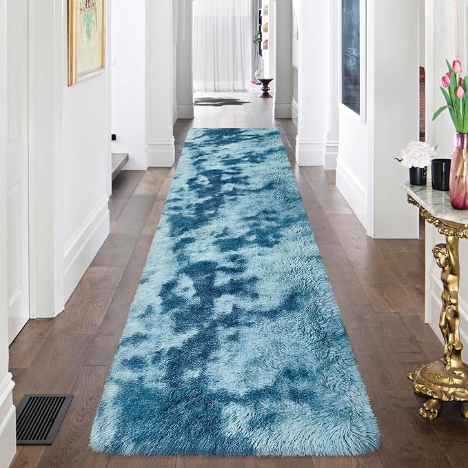 Super Soft Fluffy Living Room Area Rug 2x8 ft Tie-Dyed Light Blue Shaggy Furry - Image 2