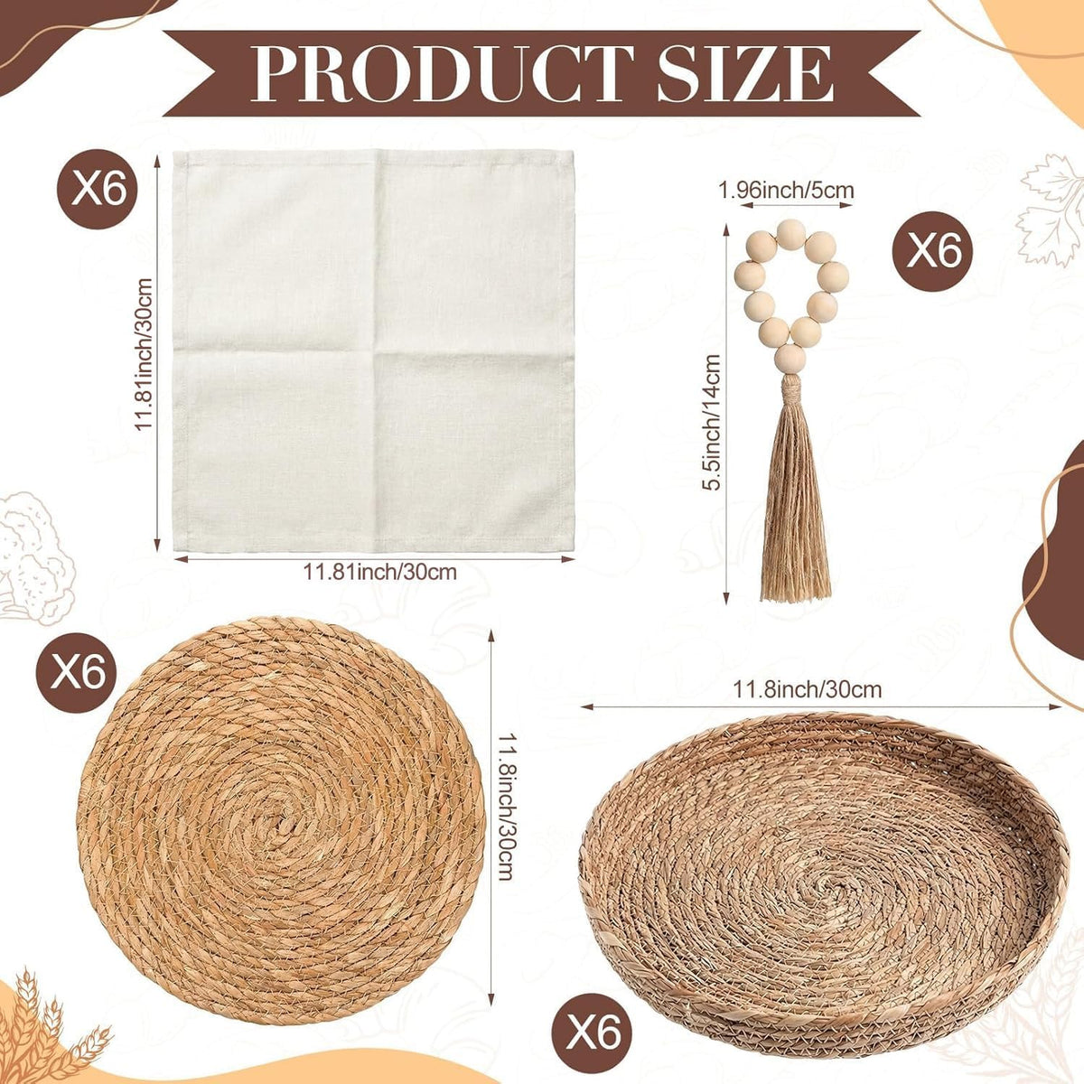 Boho Kitchen Decor Table Runner and Placemats Set, 6 Sets, 12x72