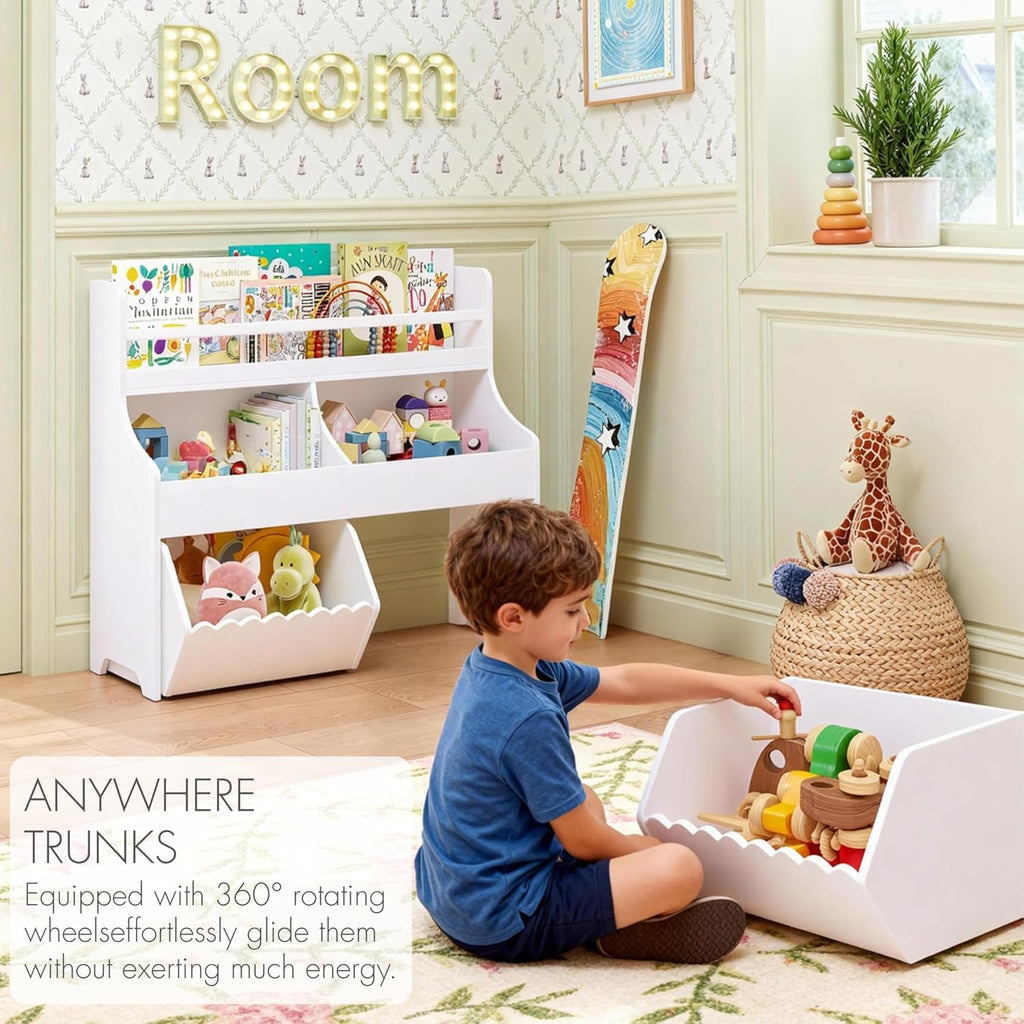 Spirich Kids Bookshelf with Bookcase and Roll-Out Toy Storage Organizer Box