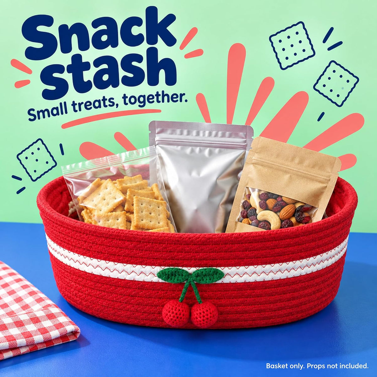 Rectangle Storage Basket Cotton Rope Woven Baskets for Organizing,Cute Cherry Basket for Kids, Baby Nursery,Cat Dog Toy Baskets,Organizer Bins for Shelves 11.8×10.6×4.3INCH