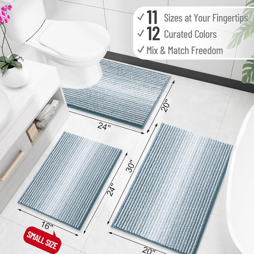 OLANLY Bathroom Runner Rugs 47x20, Chenille Striped Bath Rugs, Airy Blue