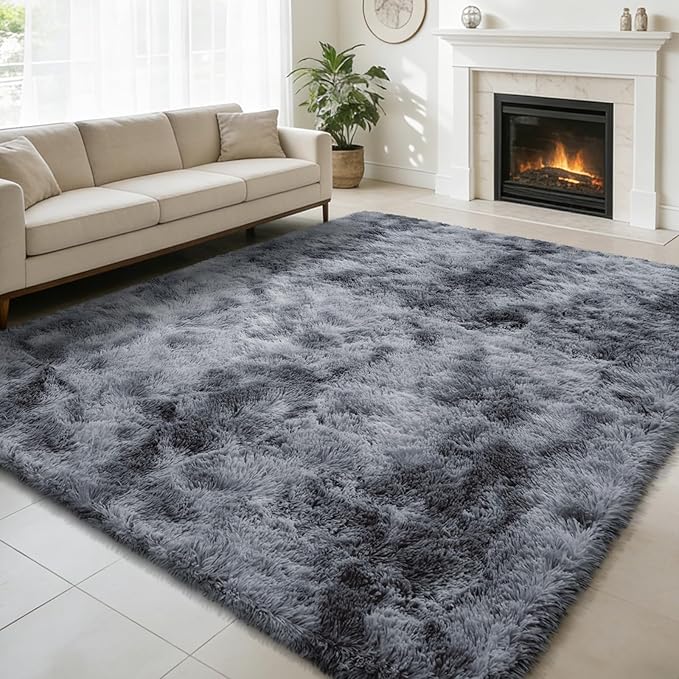 Shag Area Rug for Bedroom 4x6, Tie-Dyed Black Fluffy Area Rugs for Living Room by yulidayang