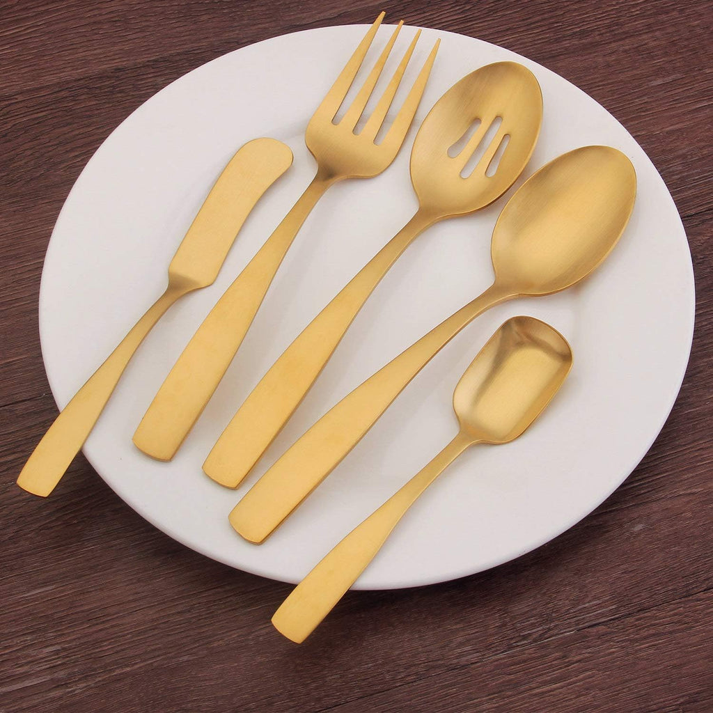 Bysta Serving Utensils Set, Matte Gold 5-Piece Hostess Set, Stainless Steel Silverware Flatware Cutlery Serving Set, Satin Finish, Dishwasher Safe