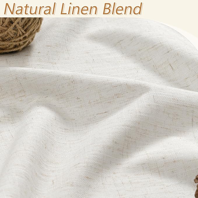 Beige White 100% Blackout Linen Curtains 90 Inch Length 2 Panels Set - Image 3
