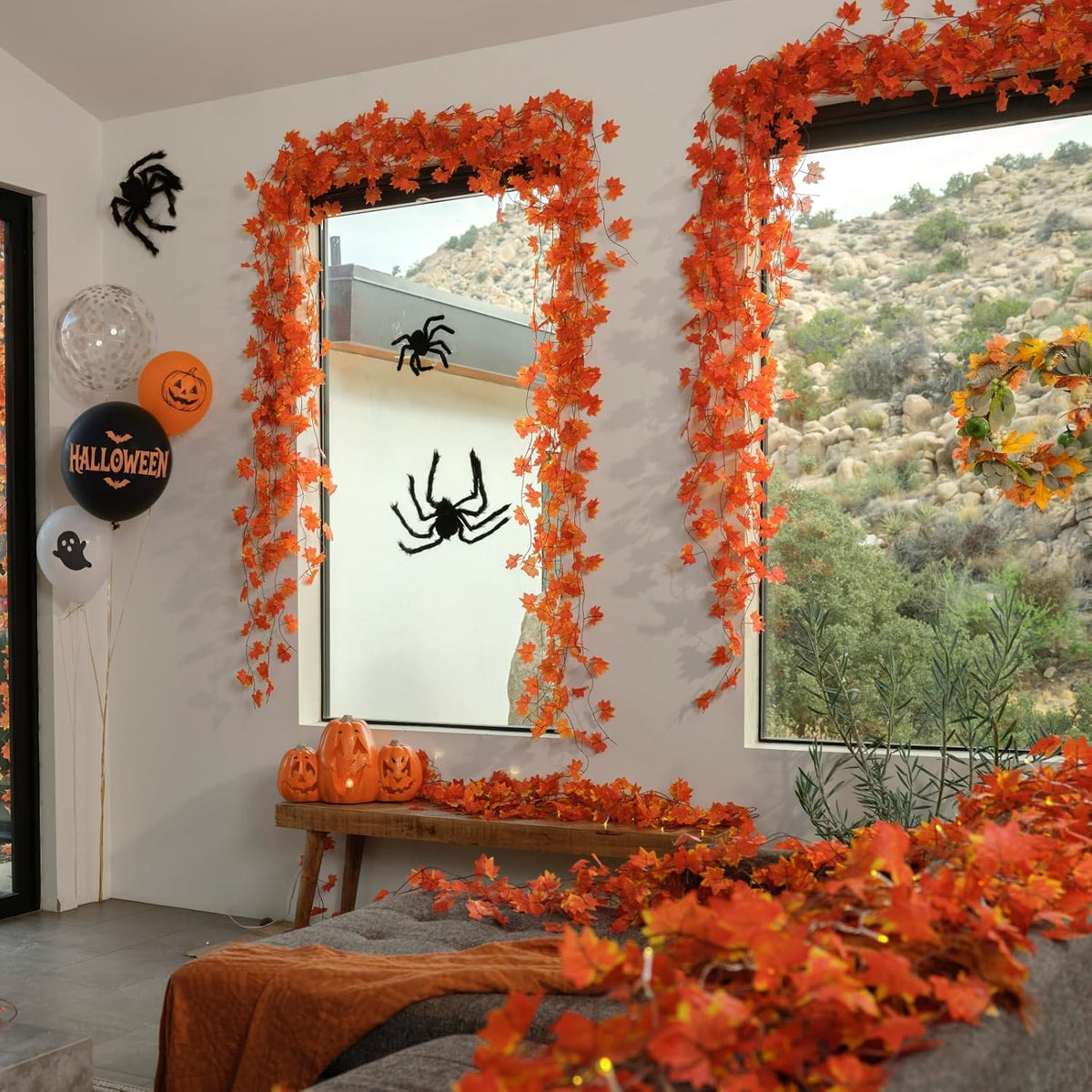 CQURE 12 Pack Fall Leaf Garland, Hanging Vines Garland Artificial Fall Maple Leaves Thanksgiving Decor for Home Wedding Fireplace Party