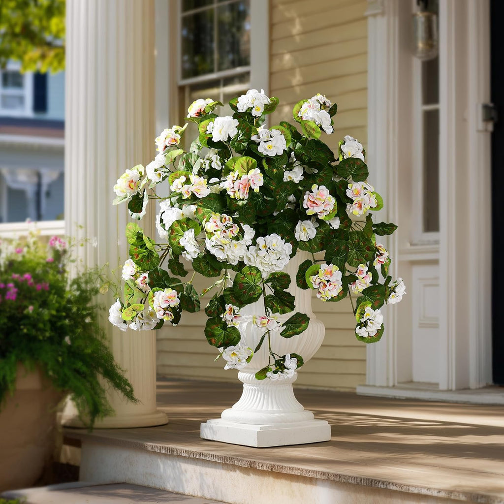Artificial Geranium Flowers for Outdoor 2 Pcs Artificial White Flower Fake Flowers with Stems Silk Realistic Look Real Floral Arrangement for Front Door Porch Planter Patio Balcony (2 Pcs White)