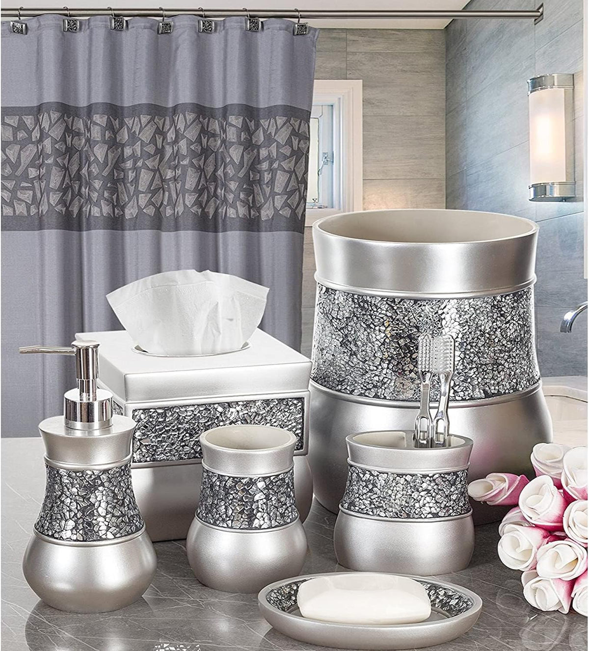 Creative Scents Crackled Glass 6 Pc. Silver Resin Bathroom Accessories Set