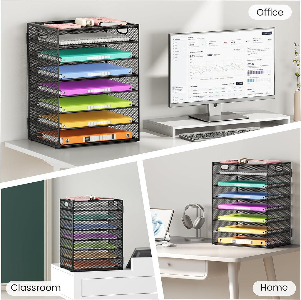 8 Tier Paper Organizer for Desk, Black Mesh Letter Tray File Sorter Organizers with Handles, Including 5 Adjustable Slid Trays for Office School Classroom Supplies Organization and Storage