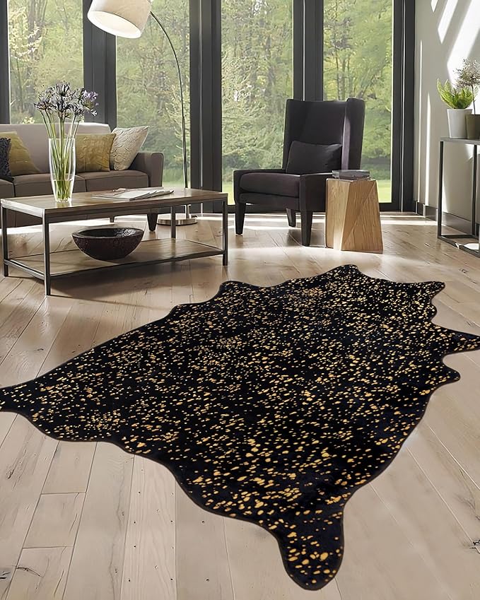 Black and Gold Cow Hide Rug: Fluffy Faux Fur Cowhide Cow Print Rug by WARMHAVEN