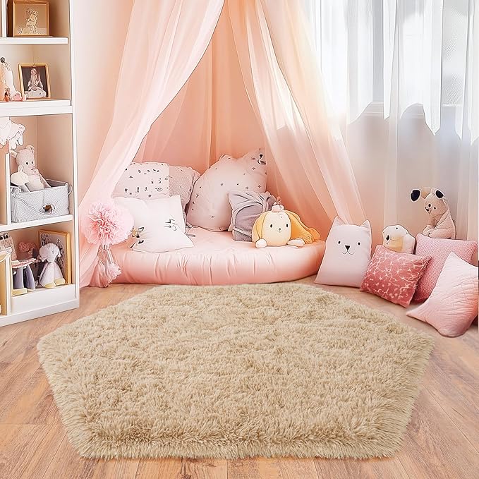 4x4.6 Feet Beige Hexagon Rugs for Princess Tent, Ultra Soft Fluffy Hexagon Area - Image 7