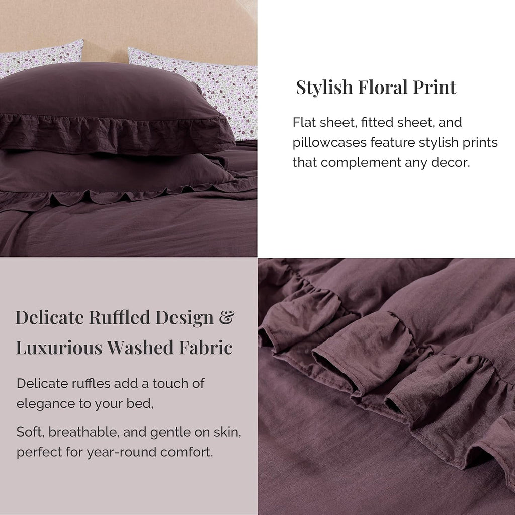 BLOOMHAVEN Queen Comforter Set-7 Pieces Ruffle Bedding with Floral Sheet
