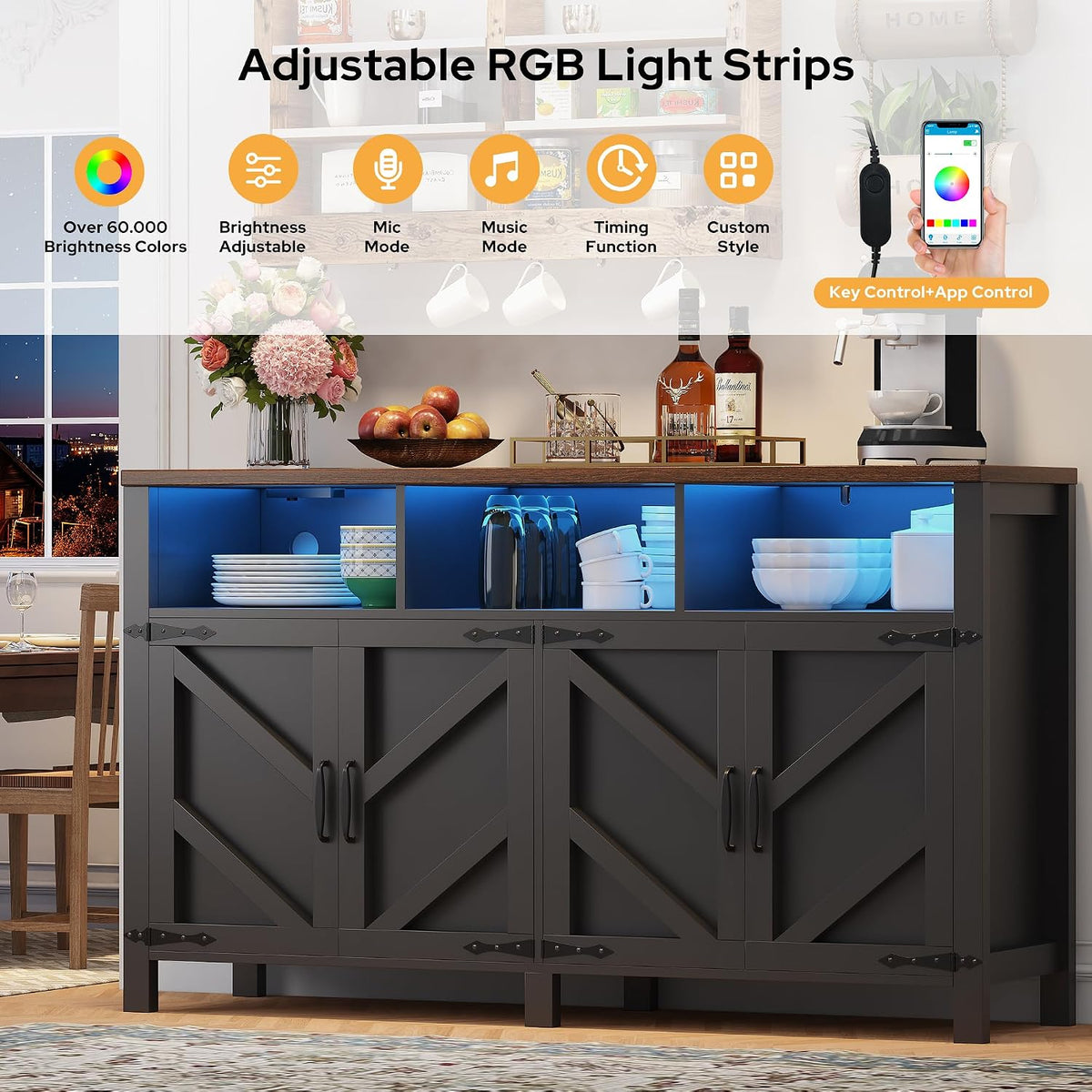 knoworld Buffet Sideboard with Storage with Power Outlets & LED Light, Large Farmhouse Kitchen Storage Cabinet Wood 4 Doors Coffee Bar Cabinet for Kitchen, Living Room, Black 55in