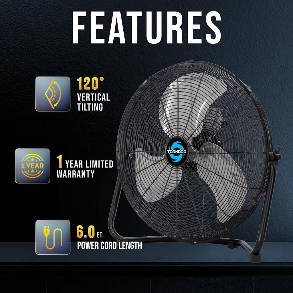 Tornado 18" High Velocity Floor Fan Industrial Metal 3-Speed Heavy Duty Cooling Fan for Workshop, Garage, Home, Office, 120° Tilt Adjustment, 6ft Cord, Black