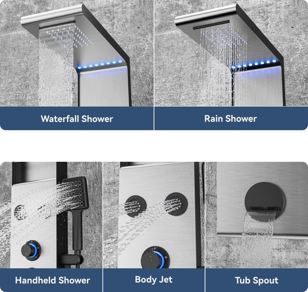 ELLO&ALLO LED Rainfall Shower Head and Rain Massage System with Body Jets Stainless Steel Bathroom Shower Panel Tower System with Shelf, Brushed Nickel&Black