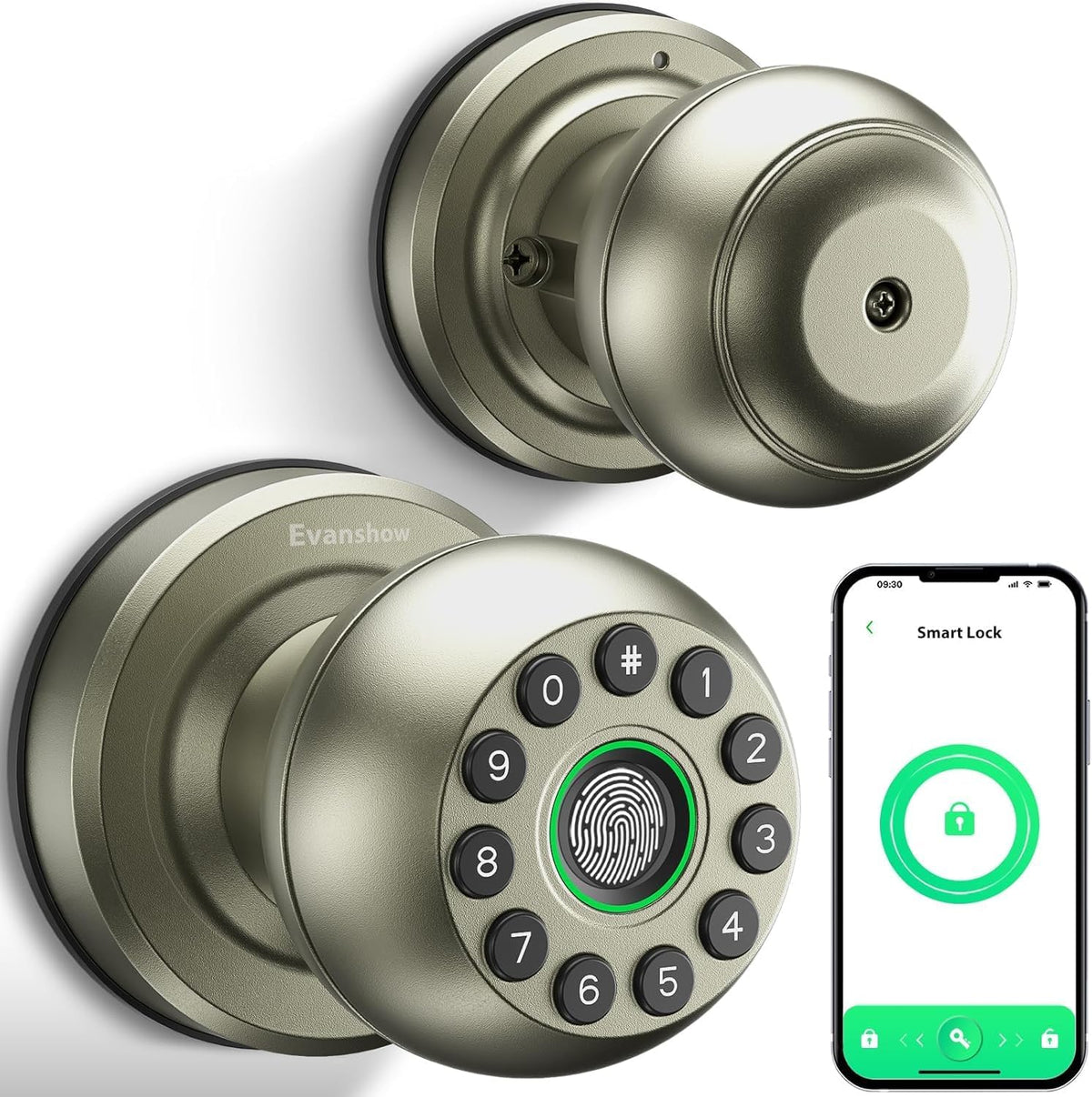 Smart Door Knob Fingerprint Lock 4-in-1 Keyless Entry (Fingerprint/App/Code/Key) Biometric Door with Auto-Lock Easy Install for Home/Bedroom/Office-Black