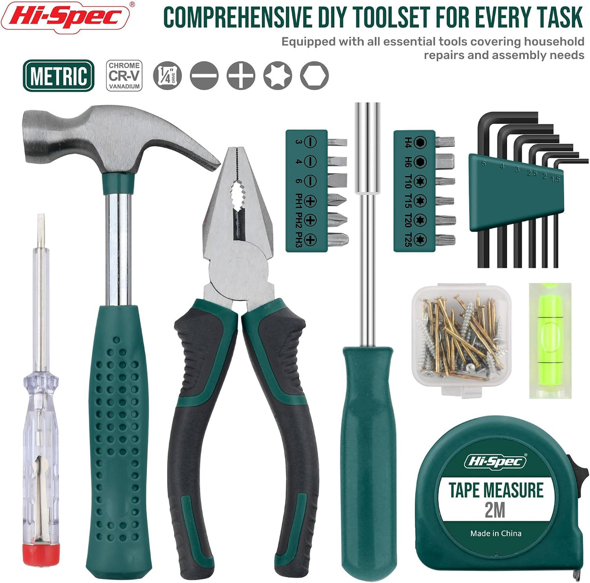 Hi-Spec Small Tool Kit Compact Set for Home and Office DIY, Green
