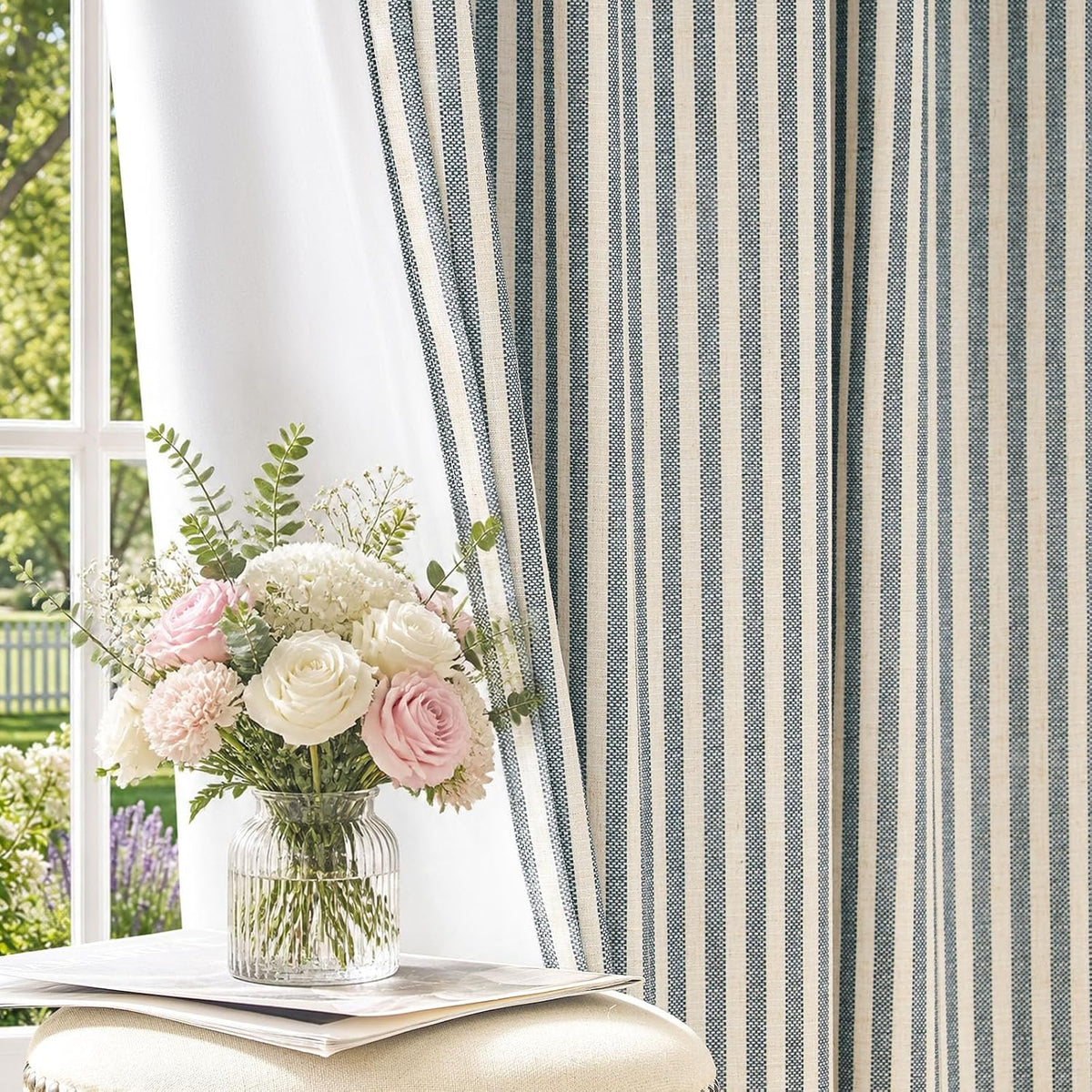 jinchan Linen Blackout Curtains Back Tab 84 Inch 2 Panels Striped Blue