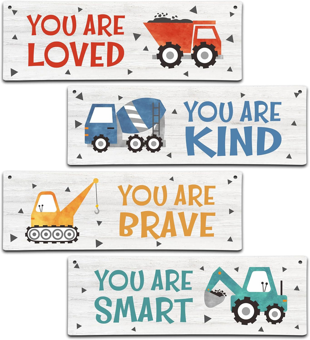 ISOVF 4 Pieces Construction Vehicles Decor Kids Room Wall Decor Wooden Sign