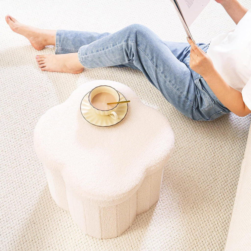 B FSOBEIIALEO Storage Ottoman Cube, 15" Flower Shaped Ottomans, Cream White