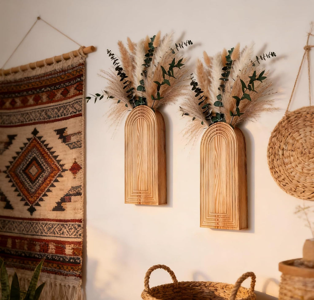 2 Pack Wall Wooden Vases with Pampas Grass – Boho Decor for Living Room, Modern Farmhouse Entryway or Bathroom, Rustic Art for Home Decoration