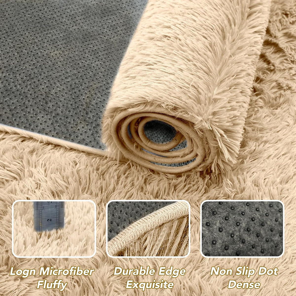 Fluffy Beige Area Rug 5x7 - Soft Shag Aesthetic Bedroom Decor