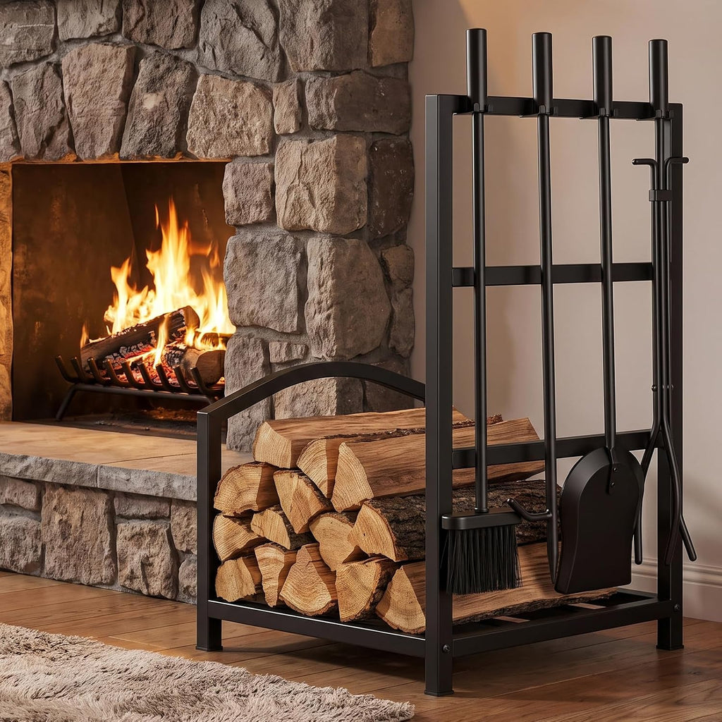 Fireplace Tools Set with Log Rack Holder, Heavy-Duty Steel Frame