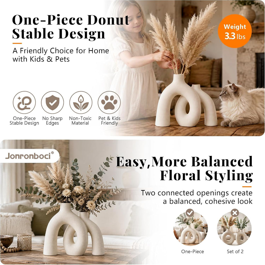 Hug Donut Decorative Ceramic Vase Set for Flower or Home Decor(Cream White)